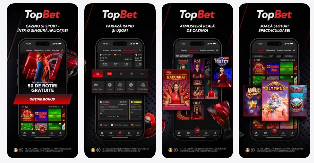 Accesează sloturi spectaculoase, cazino live și pariuri sportive într-o singură aplicație mobilă TopBet 