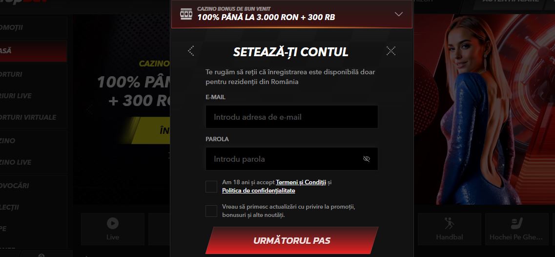 Înregistrează cont nou TopBet introducând email și parola